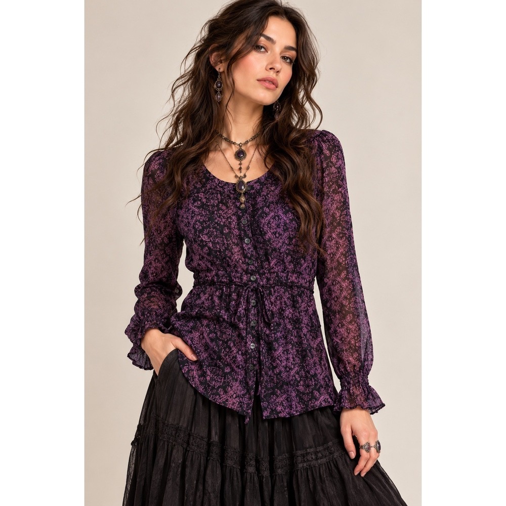 ICE Women Purple Black 100% Silk Blouse 4 Whimsigoth Witchcore whimsical